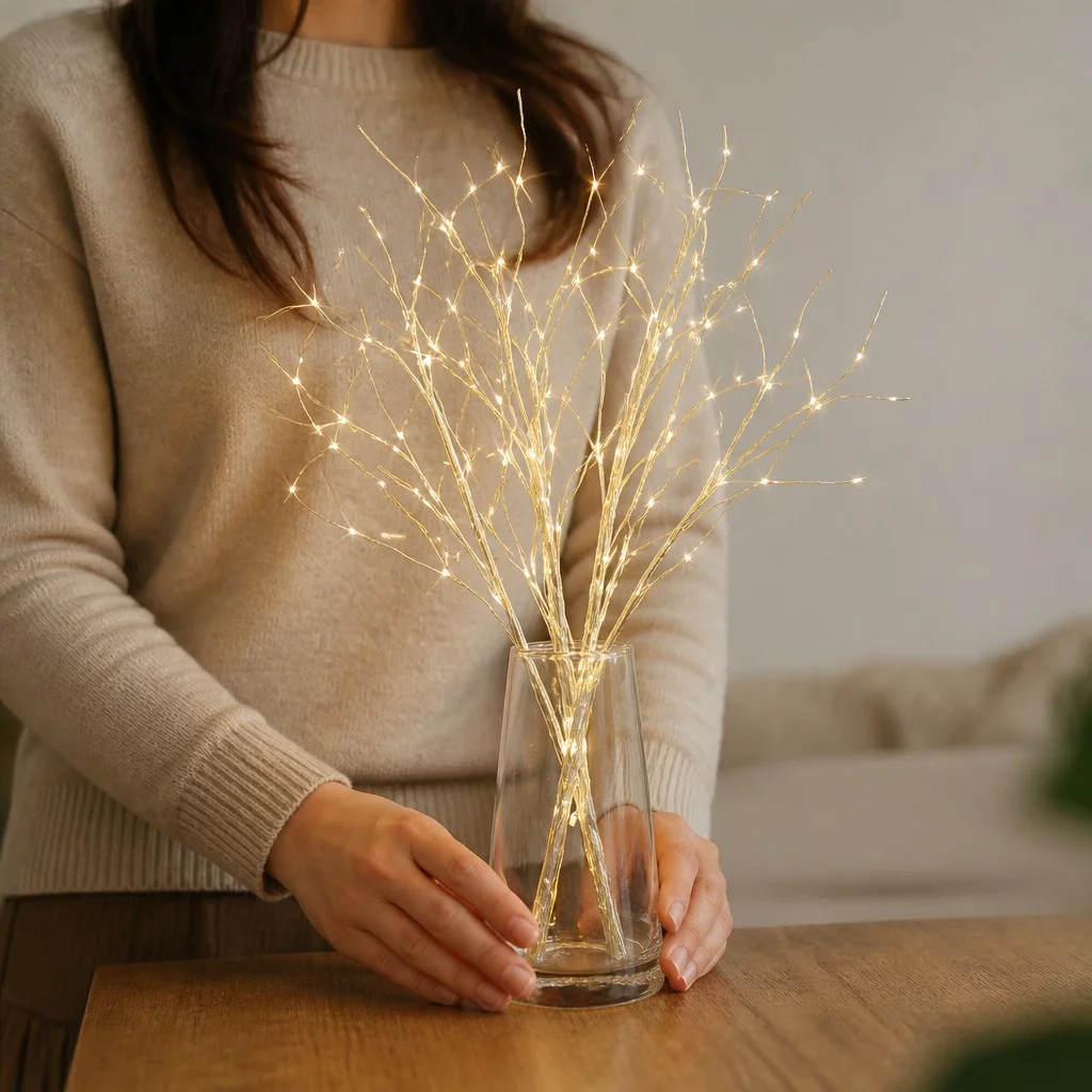 Світлодіодна гілка берези KAR302 75 см, 50 LED • Настільний світильник-декор на батарейках з теплим білим світлом для дому та святкового оформлення