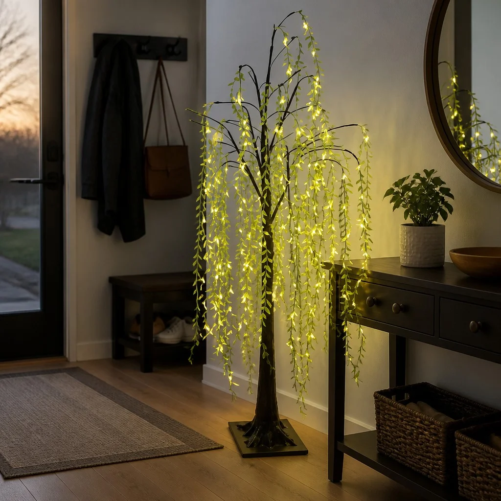 Светодиодное дерево Ива KAR308 1,8 м, 192 LED • Декоративный напольный светильник на подставке с тёплым белым светом, питание 220 В, для дома, фотозоны и праздничного декора