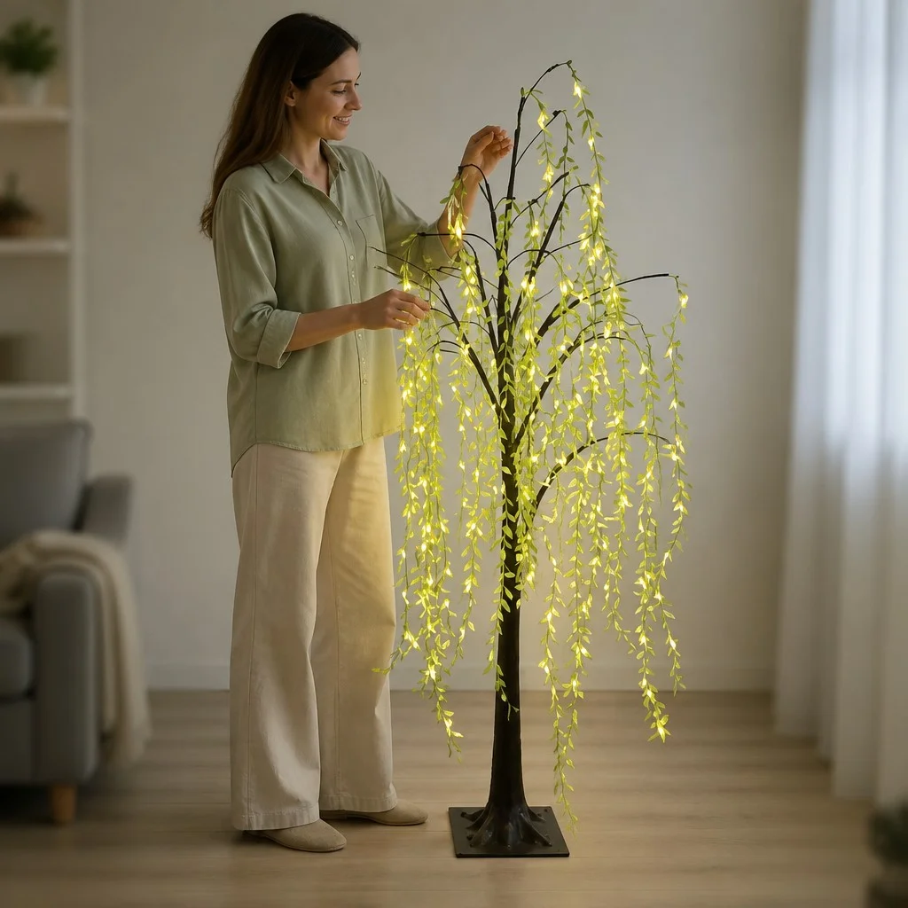 Светодиодное дерево Ива KAR308 1,8 м, 192 LED • Декоративный напольный светильник на подставке с тёплым белым светом, питание 220 В, для дома, фотозоны и праздничного декора