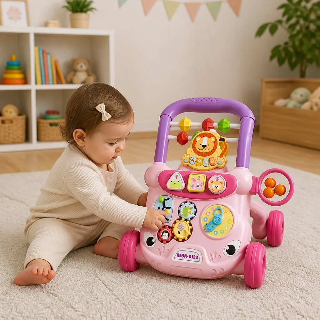 Детские ходунки-каталка с развивающим центром MA570pink розовые • Игровые ходунки с пианино, сортером, лабиринтом, часами и шариками для детей от 12 месяцев