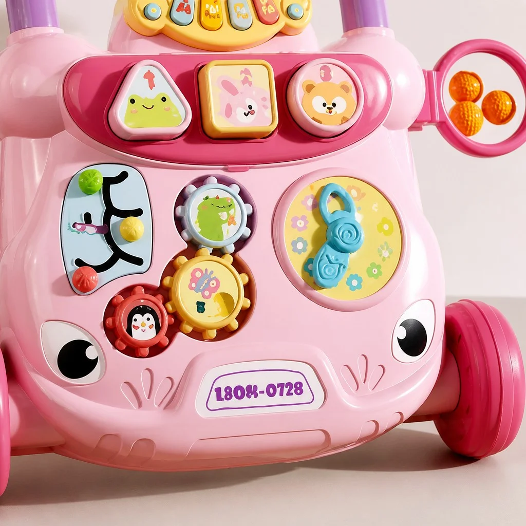 Детские ходунки-каталка с развивающим центром MA570pink розовые • Игровые ходунки с пианино, сортером, лабиринтом, часами и шариками для детей от 12 месяцев