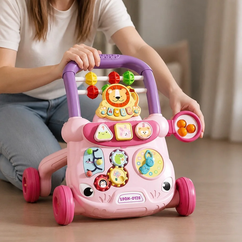 Детские ходунки-каталка с развивающим центром MA570pink розовые • Игровые ходунки с пианино, сортером, лабиринтом, часами и шариками для детей от 12 месяцев