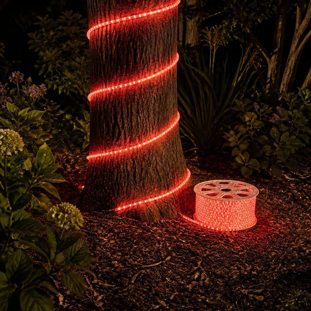 Гирлянда-лента Rope-Lights SMD5050-R 100 м, красная • Уличная светодиодная гирлянда-дюралайт с прозрачным проводом, SMD 5050 и защитой IP65 для фасадов и деревьев