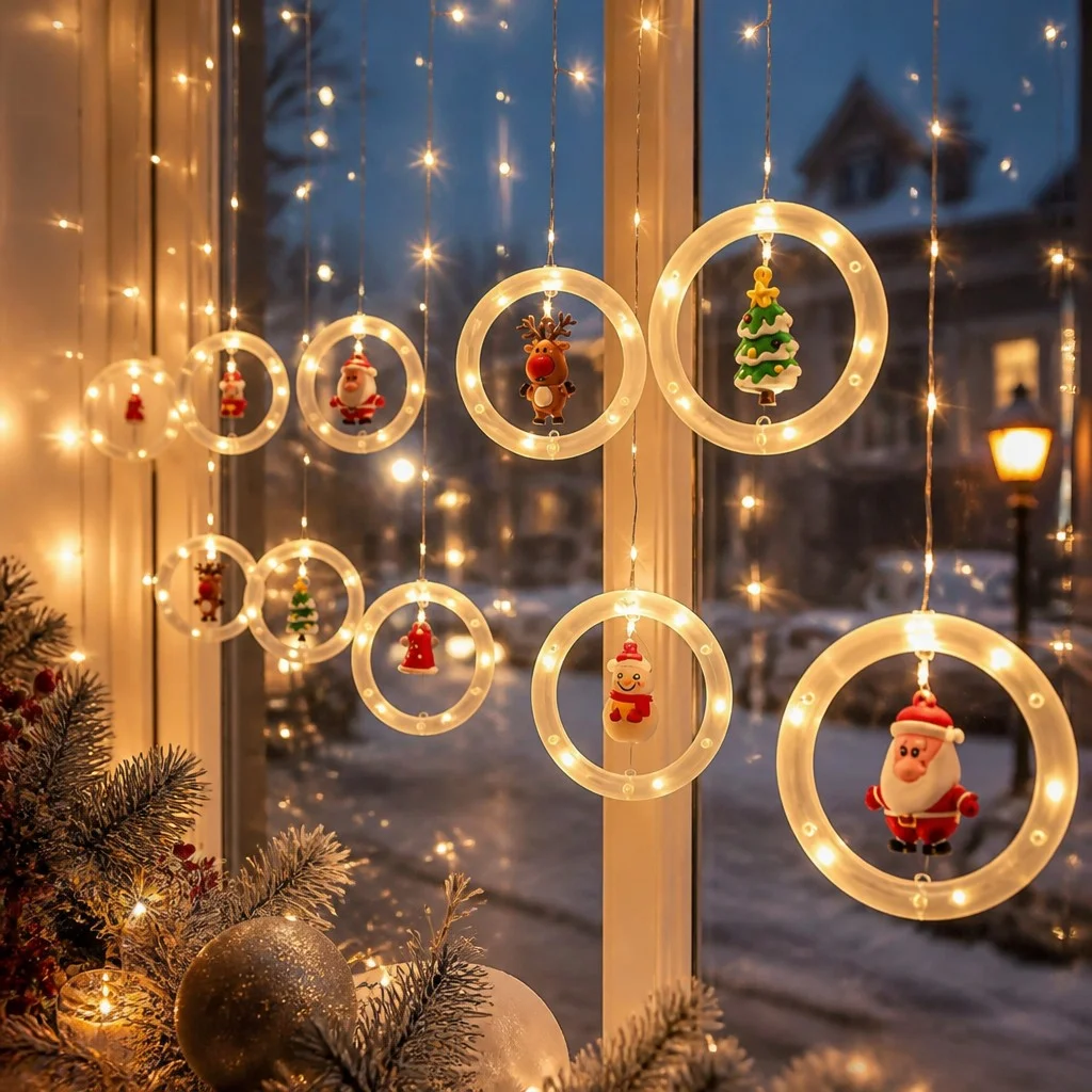 Гирлянда-штора Xmas 110L WW с кольцами и фигурками 3×0,7 м • Светодиодная праздничная штора с 10 пластиковыми кольцами, теплым белым светом для окна, стены и витрины