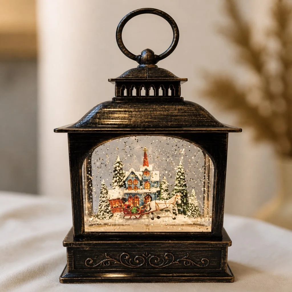 Новогодний ночник-фонарь XMAS WDL-24072D • Декоративный светодиодный светильник в виде винтажного фонаря с зимней сценкой, эффектом снегопада и музыкальным режимом