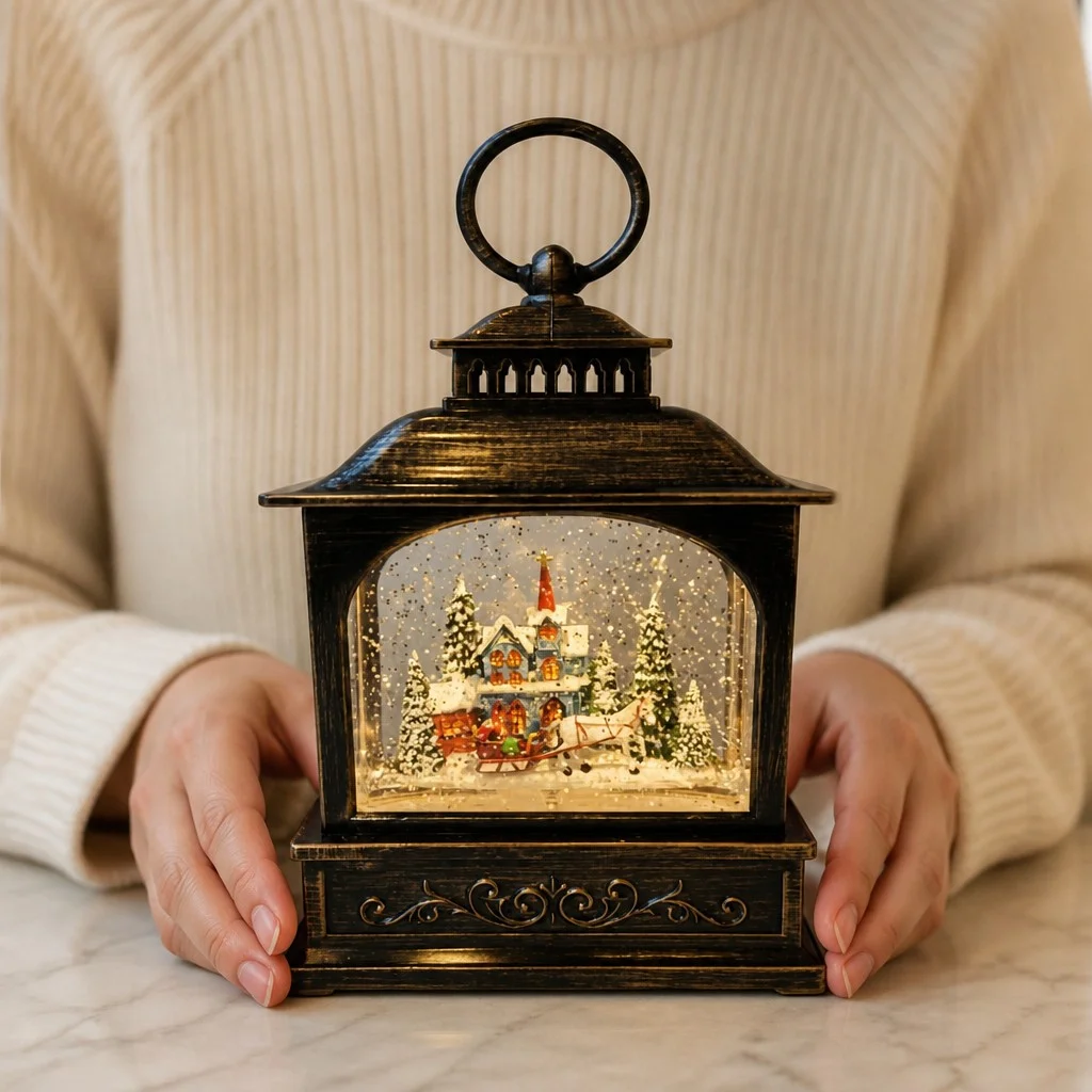 Новогодний ночник-фонарь XMAS WDL-24072D • Декоративный светодиодный светильник в виде винтажного фонаря с зимней сценкой, эффектом снегопада и музыкальным режимом