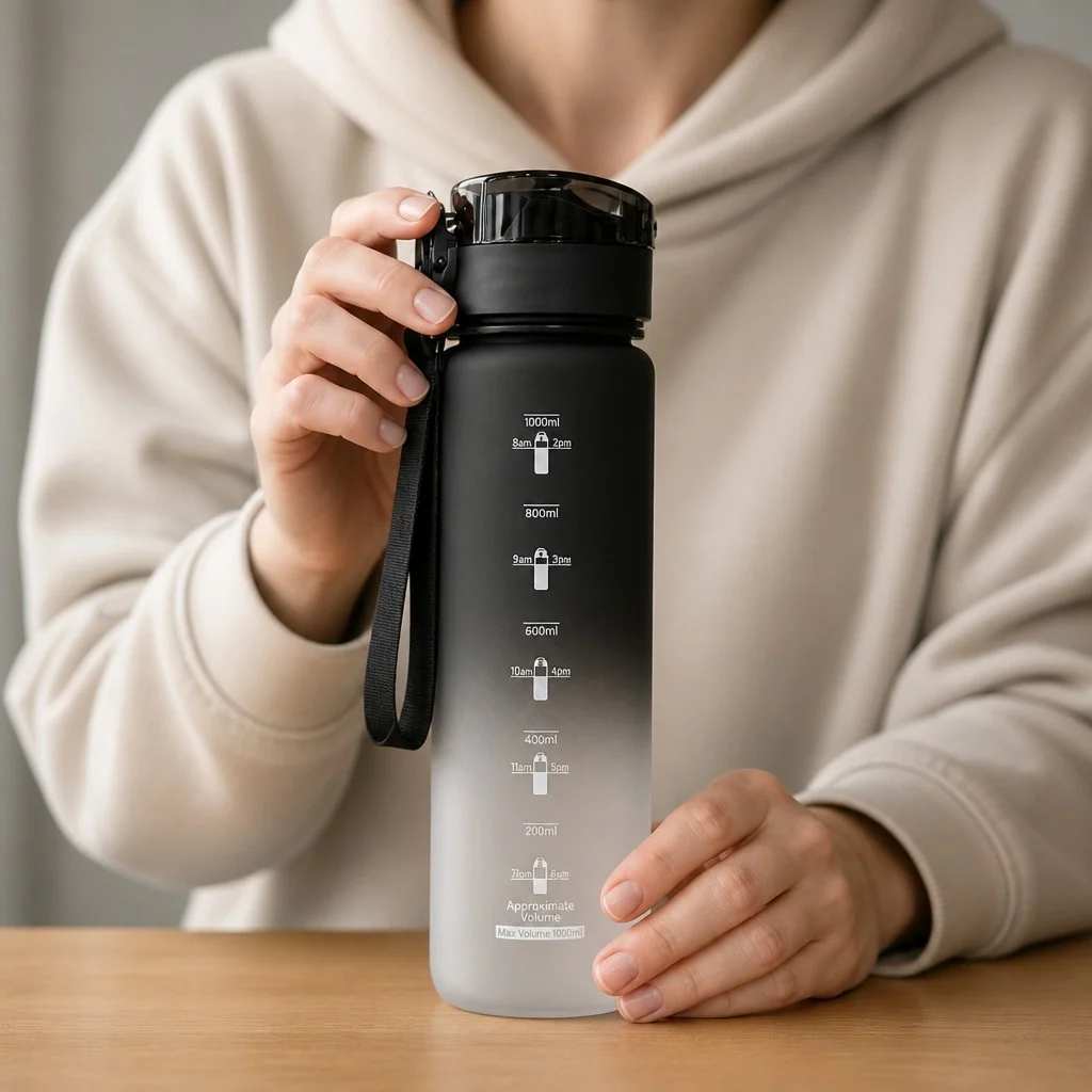 Бутылка для воды Spirit 1000 мл 26X-329 • Многоразовая бутылка с герметичной крышкой, ремешком, шкалой объема и времени, черно-белый градиент