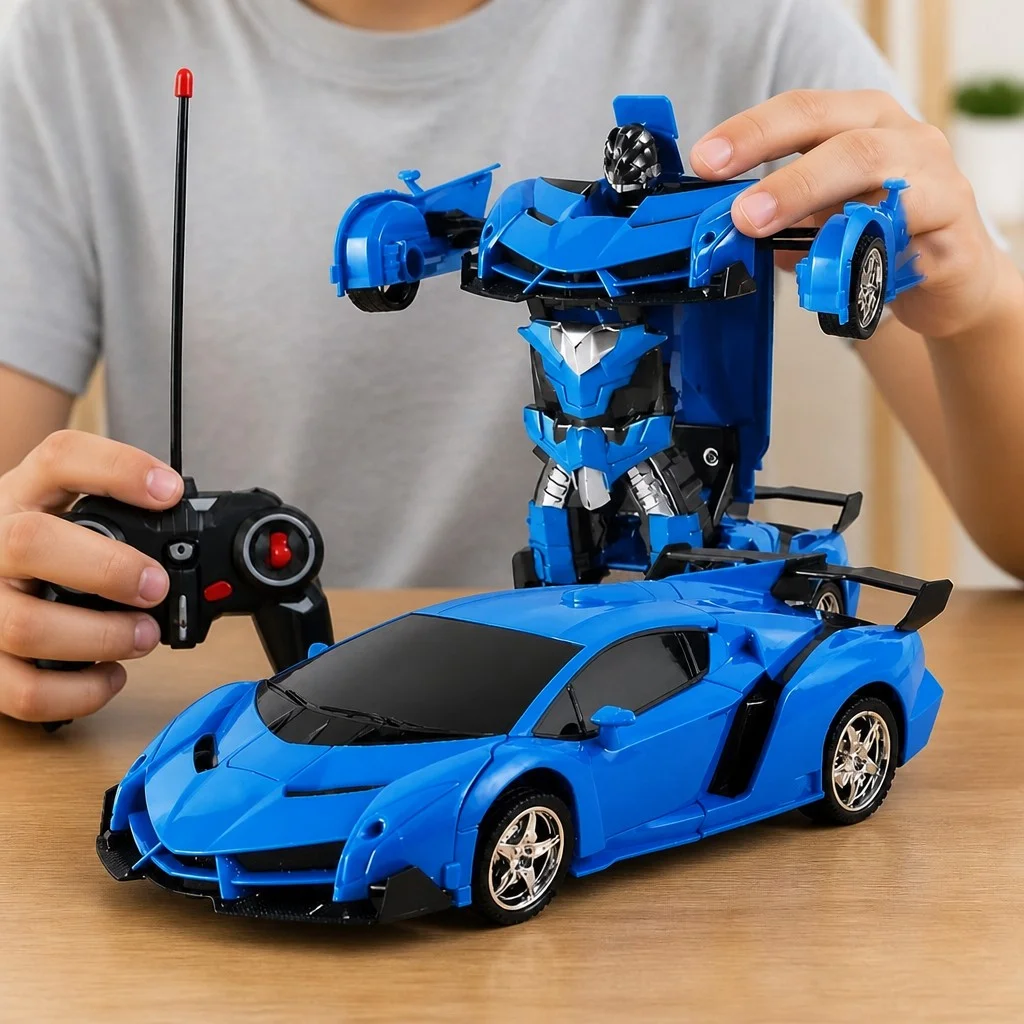 Радіокерована машинка-трансформер у стилі Lamborghini • синій спортивний автомобіль і робот із пультом для гри вдома