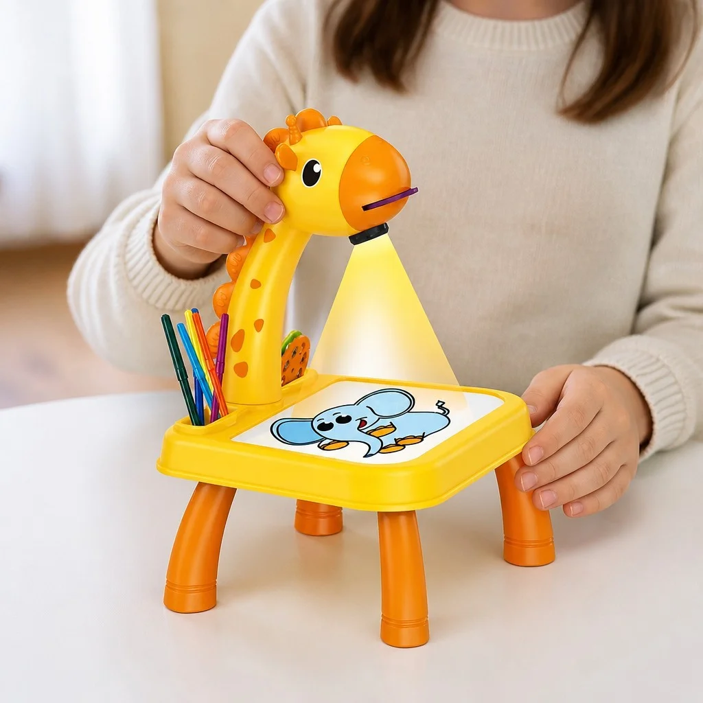 Детский столик-проектор для рисования Projector Painting «Жираф», желтый • Проекционный стол с 3 дисками на 24 рисунка, фломастерами и музыкой для детей от 3 лет